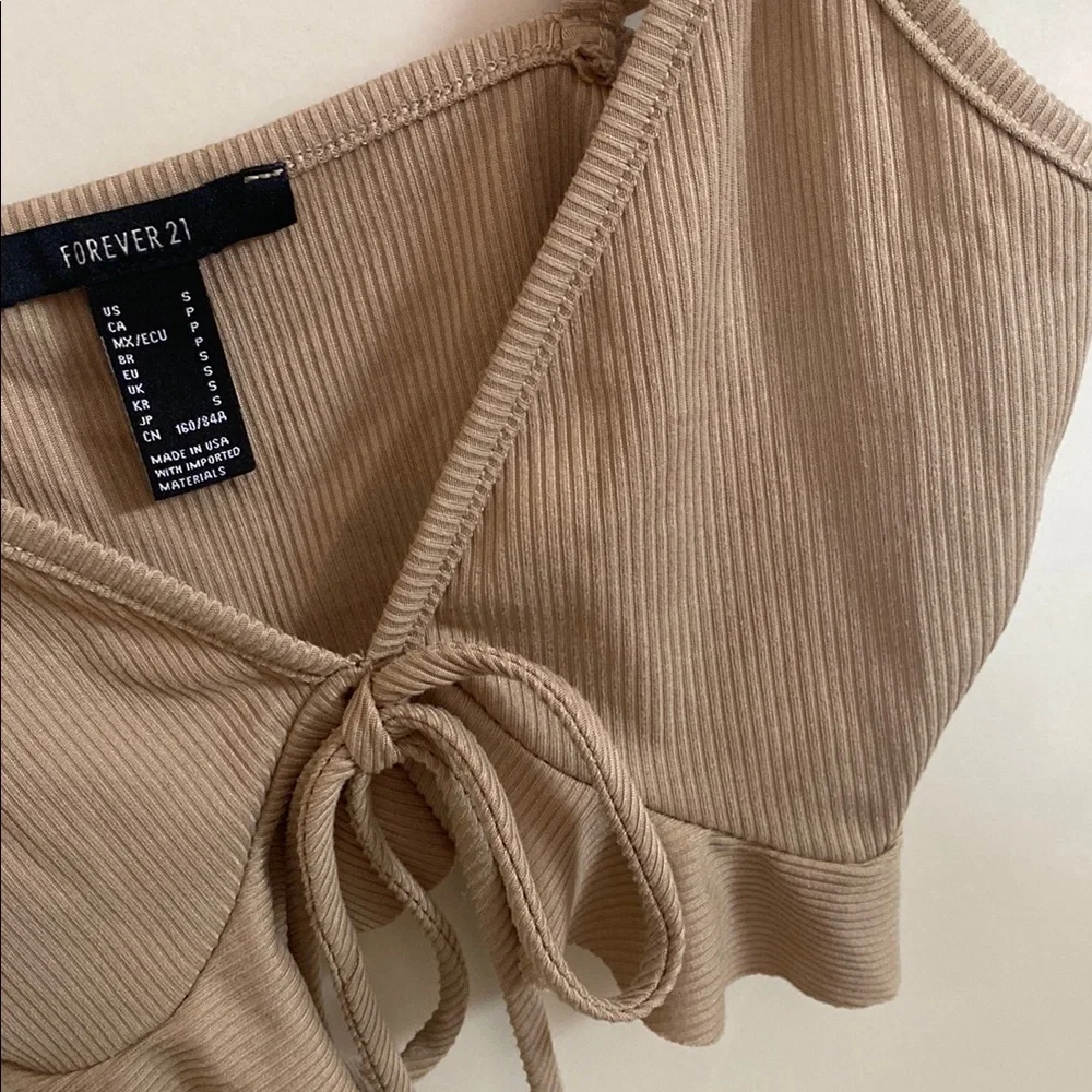 Tan Ribbed Crop Top with Ruffle Sleeves - Picture 4 of 11